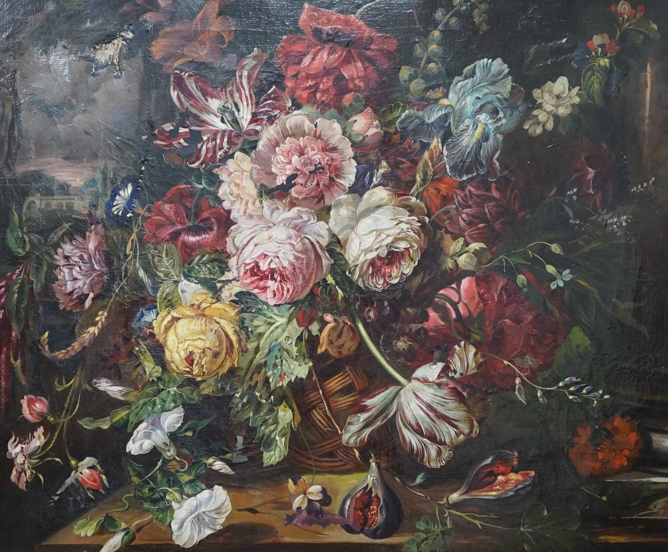 17th century Dutch style, oil on canvas, Still life of roses before a classical landscape, unsigned, 62 x 74cm. Condition - poor